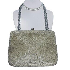 Walborg Silver Beaded Evening Bag With Chain Handle & Kiss Lock Closure (5909)